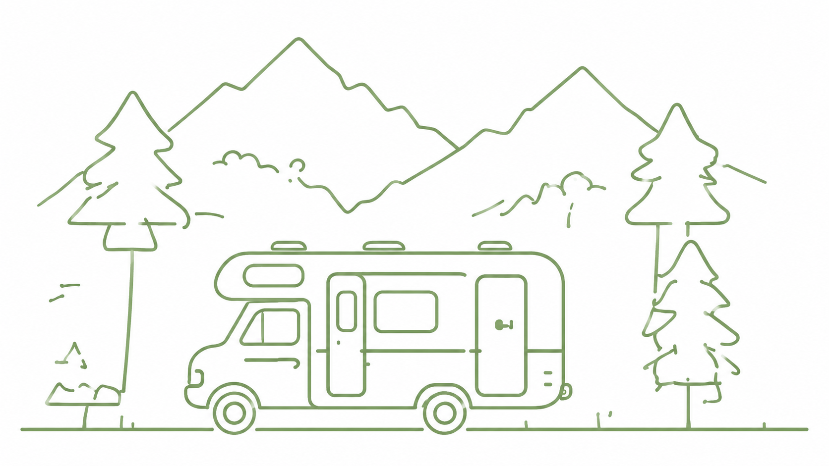 Illustration of an RV with mountains and trees